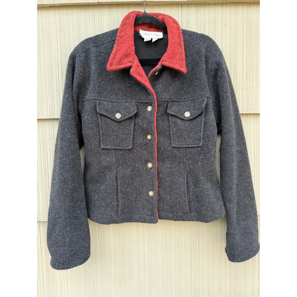 Tasha Polizzi Womens Gray Wool Blend Western Jacket Red Collar Charcoal Large